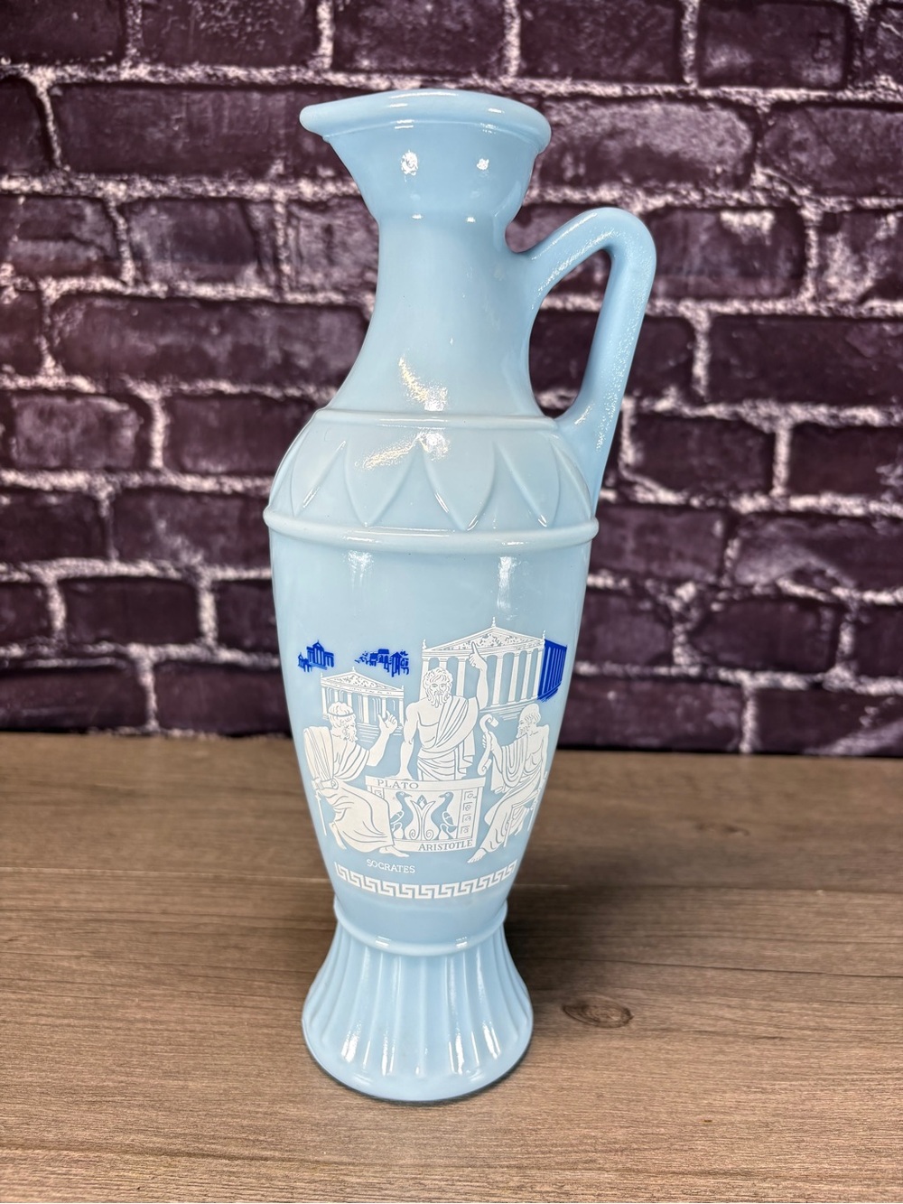 Vintage 1960s Blue Milk Glass Vase
Grecian Aristotle Plato Socrates Decanter